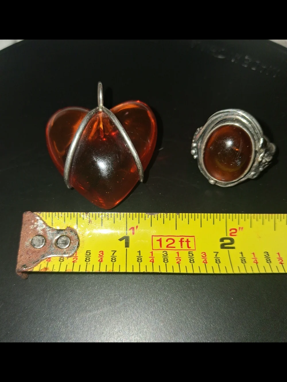 Vintage Sterling Silver Set. Amber Puff Heart Pendant With Oval Amber Ring 7.5